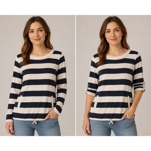 Sun Bay Pullover Shirt 100% Cotton Blue/Wh Stripe Pocket Drawstring XL Nautical